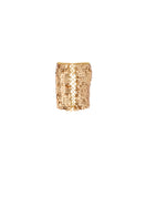 Hand-crochet mini skirt by Mirel Prentice with gold sequins and matte gold finish, featuring intricate detailing and a fitted style.