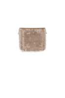 Hand-crochet mocha mini skirt with sequin embellishments by Mirel Prentice, shown on a model.