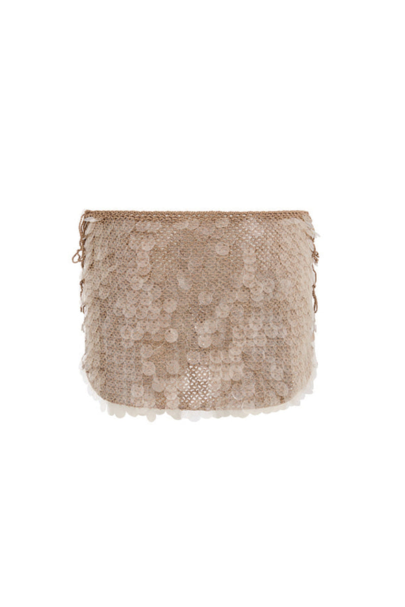 HAND-CROCHET SEQUIN EMBELLISHED MINI SKIRT IN MOCHA