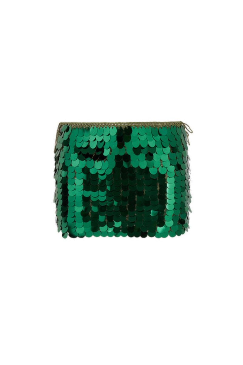 Emerald green hand-crochet mini skirt with sequin embellishments by Mirel Prentice, showcasing intricate detailing and vibrant color.