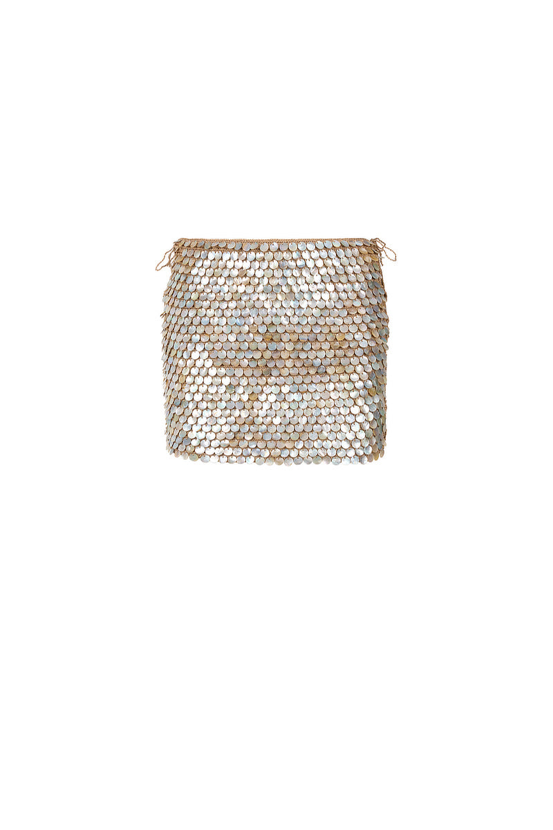 HAND-CROCHET PEARL EMBELLISHED MINI SKIRT IN BRONZE