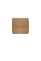 Bronze hand-crochet mini skirt by Mirel Prentice with pearl embellishments, showcasing intricate detailing and stylish design.