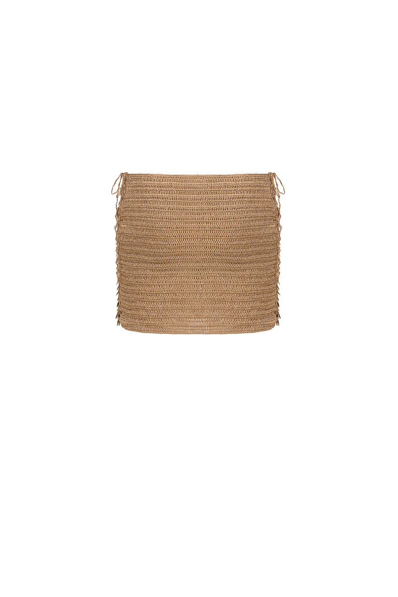 Bronze hand-crochet mini skirt by Mirel Prentice with pearl embellishments, showcasing intricate detailing and stylish design.