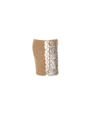 Bronze hand-crochet mini skirt by Mirel Prentice with pearl embellishments, featuring a fitted waistband and intricate detailing.