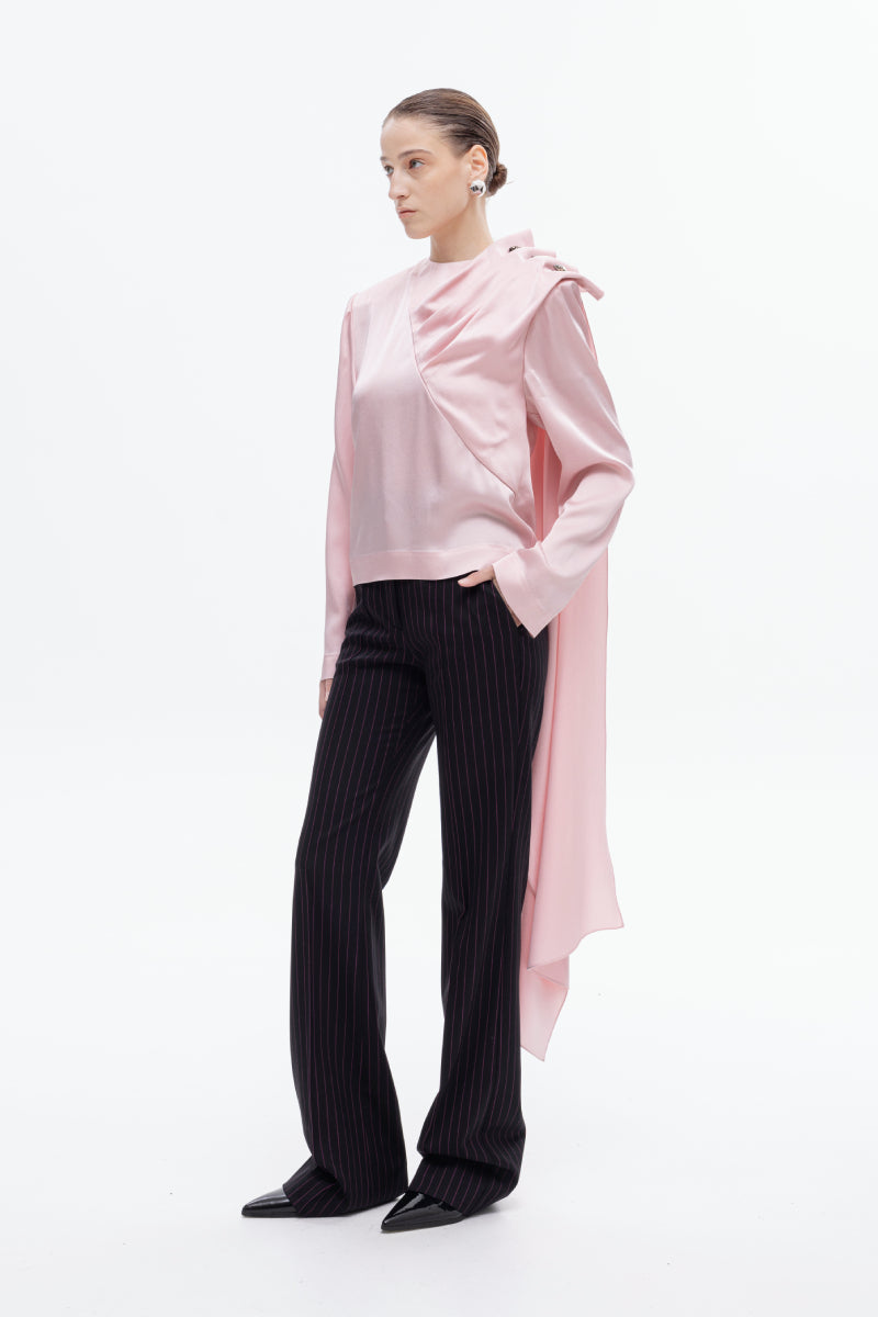 PINK LONG SLEEVE DRAPED BLOUSE - CULT MIA