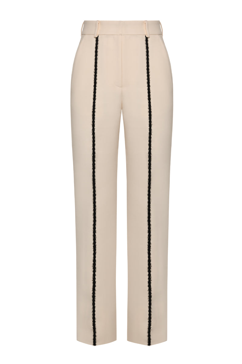 CREAM FUZZY DETAILS STRAIGHT LEG PANTS - CULT MIA