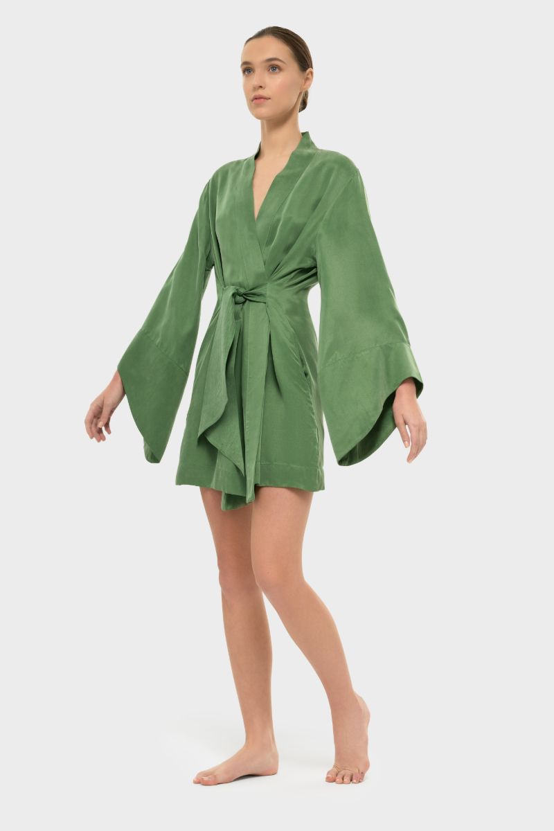 NiLuu AQUAFLORA Amara mini kimono robe in moss, lightweight robe with floral pattern, displayed on a neutral background.