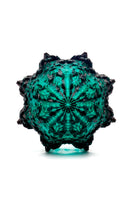 MESH ALHAMBRA top handle bag in solid emerald green with structured design and gold-tone hardware, seen from bottom angle.