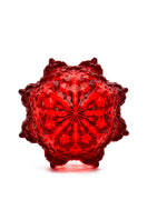 Mesh Alhambra top handle bag in solid ruby red with a structured shape and gold-tone hardware, shown from the bottom view.