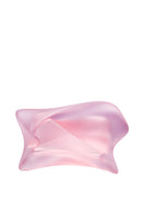 Mesh SARĀB clutch in Bubblegum pink with a sleek, rounded design and top zipper closure for stylish carrying.