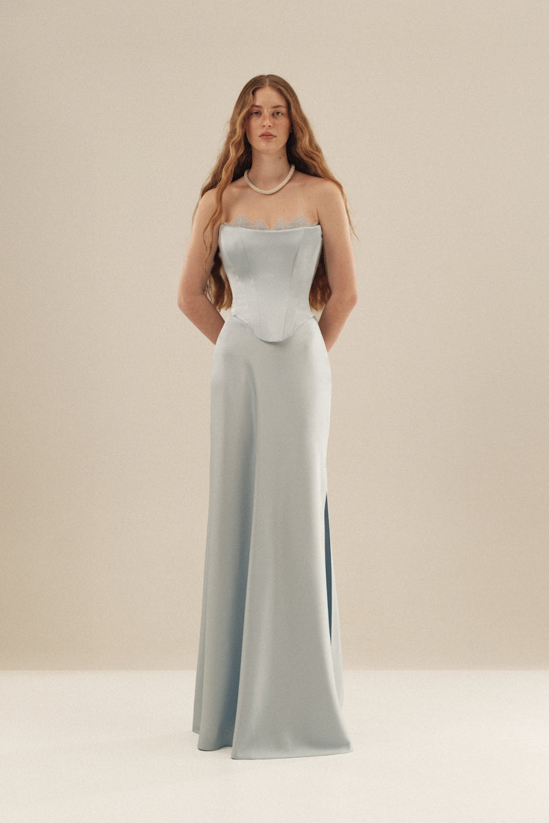 Monetre CULT MIA X Monetre Azure Sculpt Co-ords set featuring a fitted top and matching pants in vibrant blue fabric.