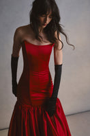 Elegant black gown from Monetre's CULT MIA X MONETRE collection, featuring a flowing design and sophisticated style.