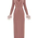 Monetre Cult Mia X MonetRé rosé midi dress with floral pattern and flowy fabric, displayed on a hanger.