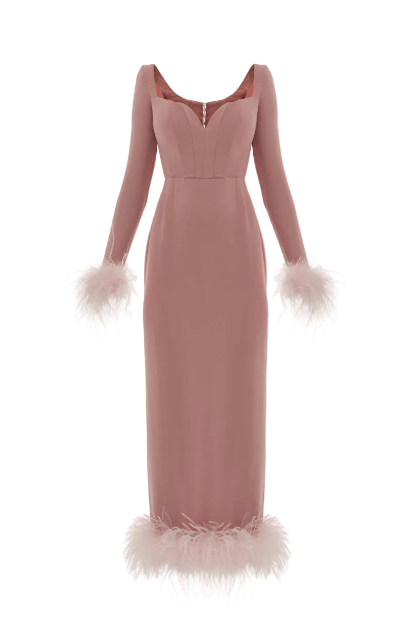 Monetre Cult Mia X MonetRé rosé midi dress with floral pattern and flowy fabric, displayed on a hanger.