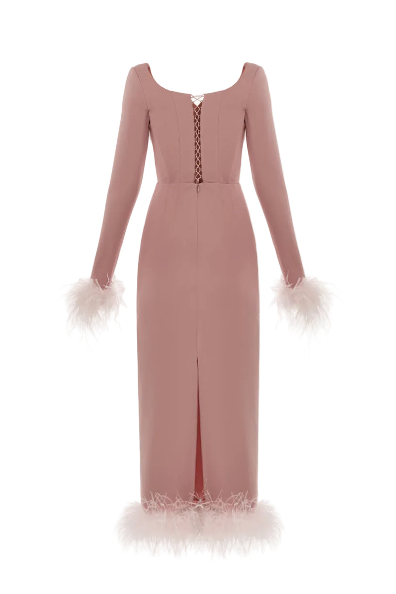 Monetre Cult Mia X Monetère rosé midi dress featuring a flowy silhouette and elegant design, displayed on a hanger.