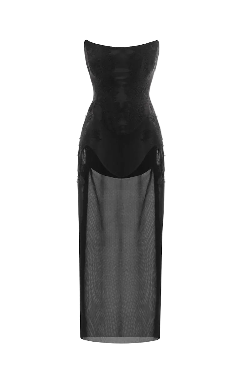 Monetre CULT MIA X Monetré Noir lace co-ord set featuring intricate lace details and a stylish matching top and bottom.