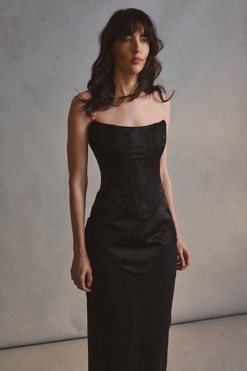 Monetre CULT MIA X MONETRE black lace co-ords set featuring a fitted top and matching bottoms, stylish and elegant.