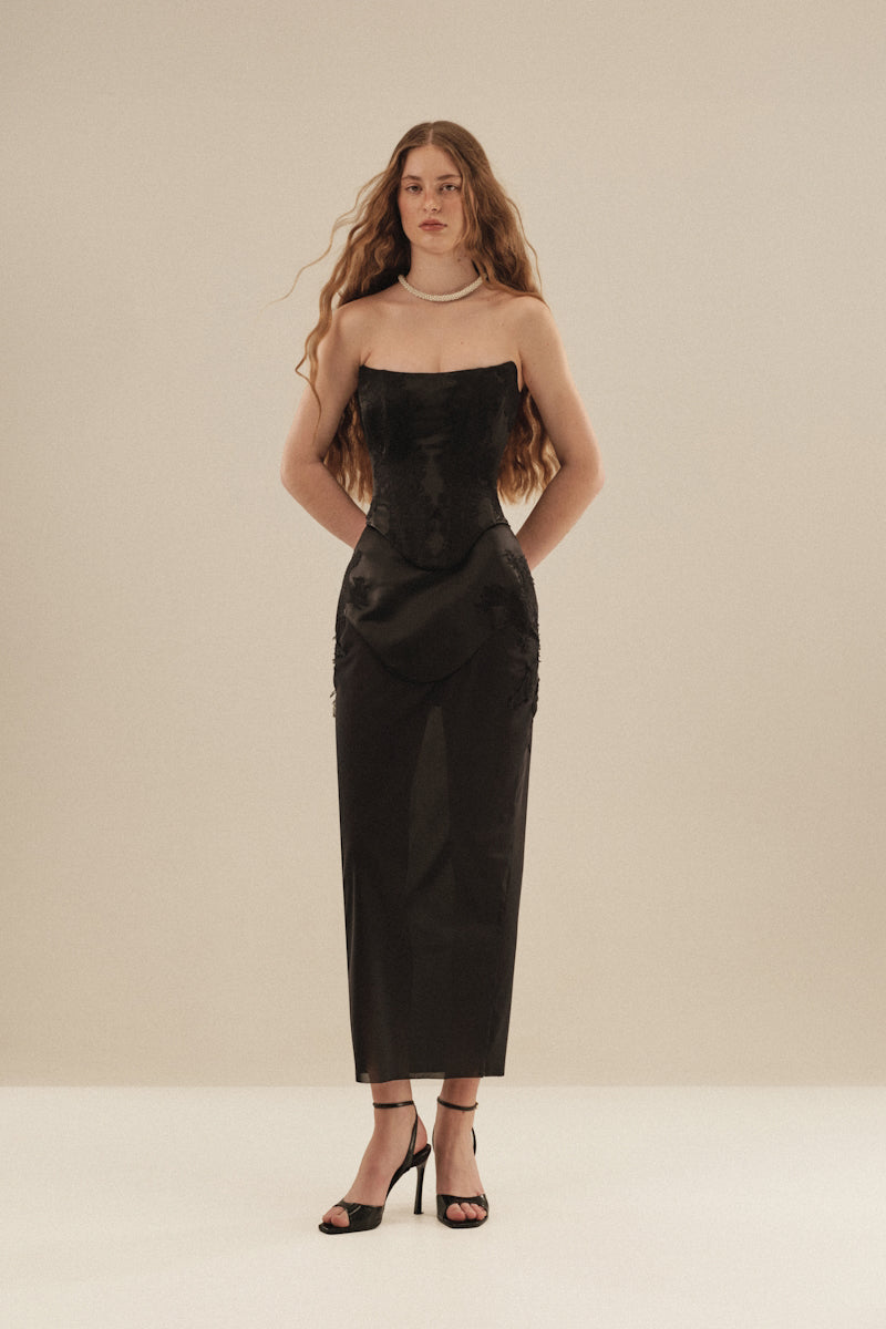 Monetre CULT MIA X MONETRE Noir lace co-ord set featuring a stylish top and matching bottoms with intricate lace details.