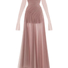 Elegant CULT MIA X Monetre Céline gown displayed on a mannequin, featuring flowing fabric and sophisticated design.
