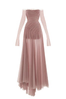Elegant CULT MIA X Monetre Céline gown displayed on a mannequin, featuring flowing fabric and sophisticated design.