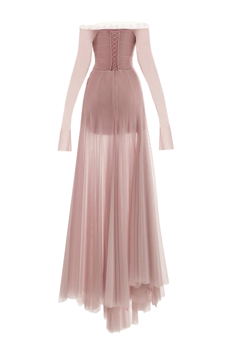 Elegant Monetre CULT MIA X MONETRE CÉLINE gown featuring flowing fabric and intricate design, perfect for formal occasions.