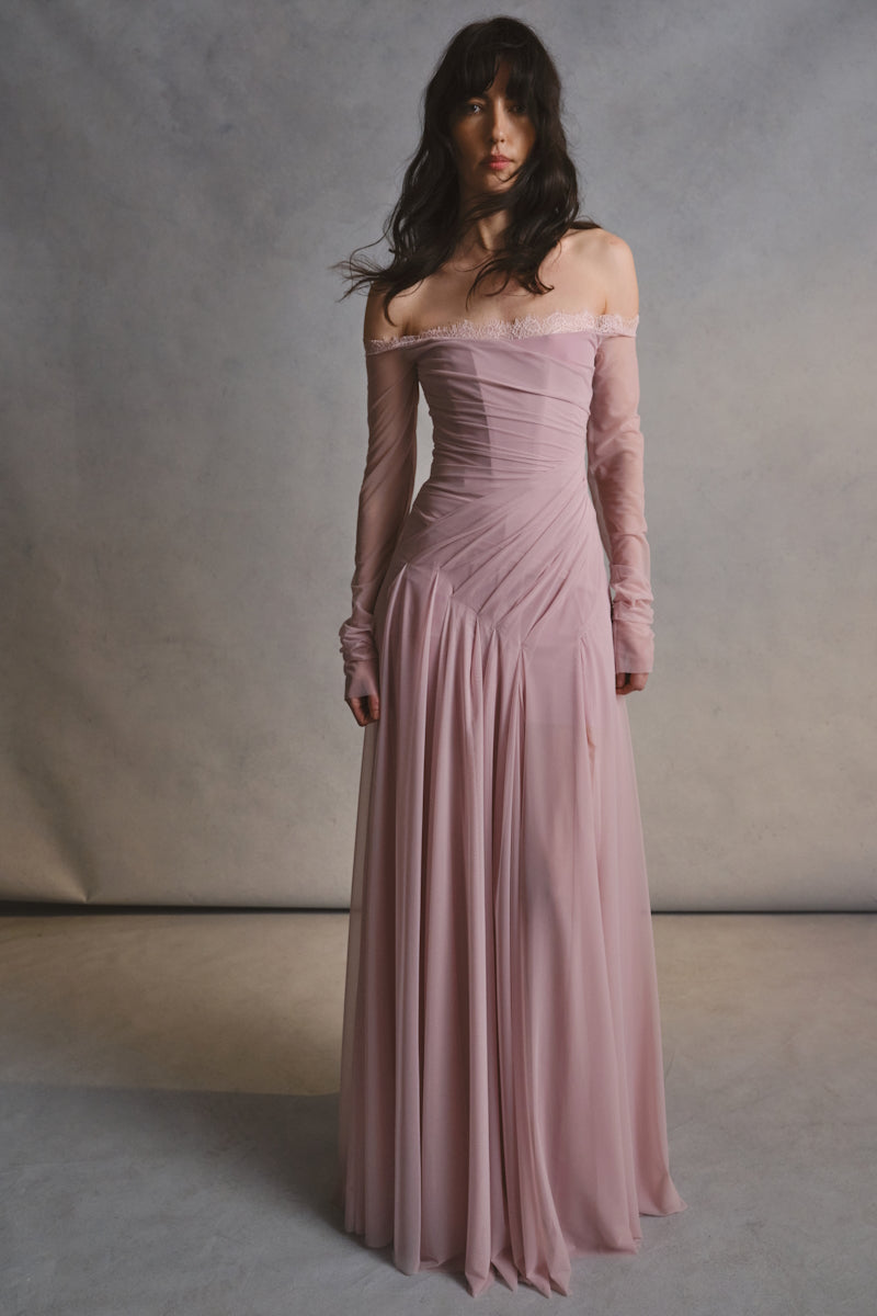 Elegant CULT MIA X Monetre Céline gown with intricate detailing and flowing fabric, showcased on a model.