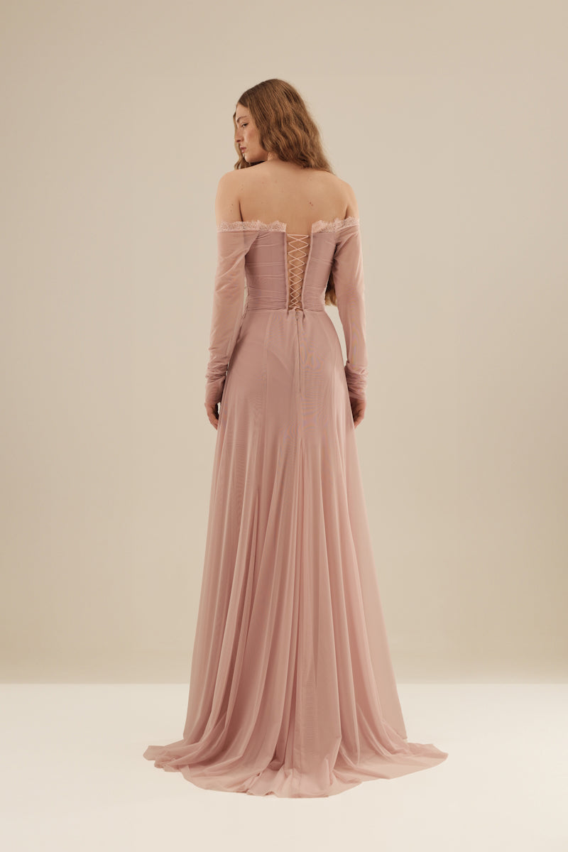 Monetre CULT MIA X Monetré Céline gown in elegant fabric, featuring a flowing silhouette and intricate detailing.