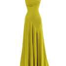 Monetre Cult Mia X Monetère Viride gown with flowing fabric and intricate design, shown in a vibrant green color.