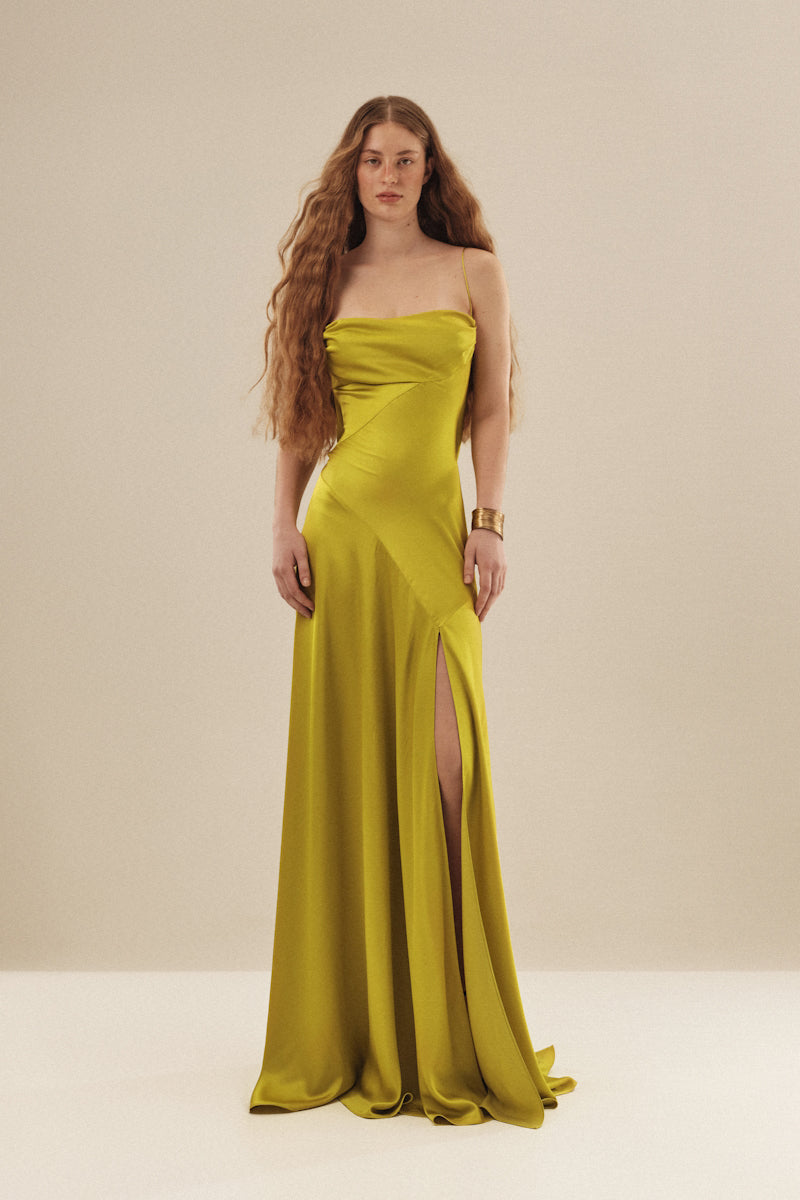 Elegant Cult Mia x Monetre Viride gown with flowing fabric and intricate design, showcasing a stylish and luxurious evening dress.