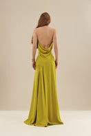 Monetre CULT MIA X MONETRE VIRIDE gown featuring intricate embroidery in vibrant green fabric.