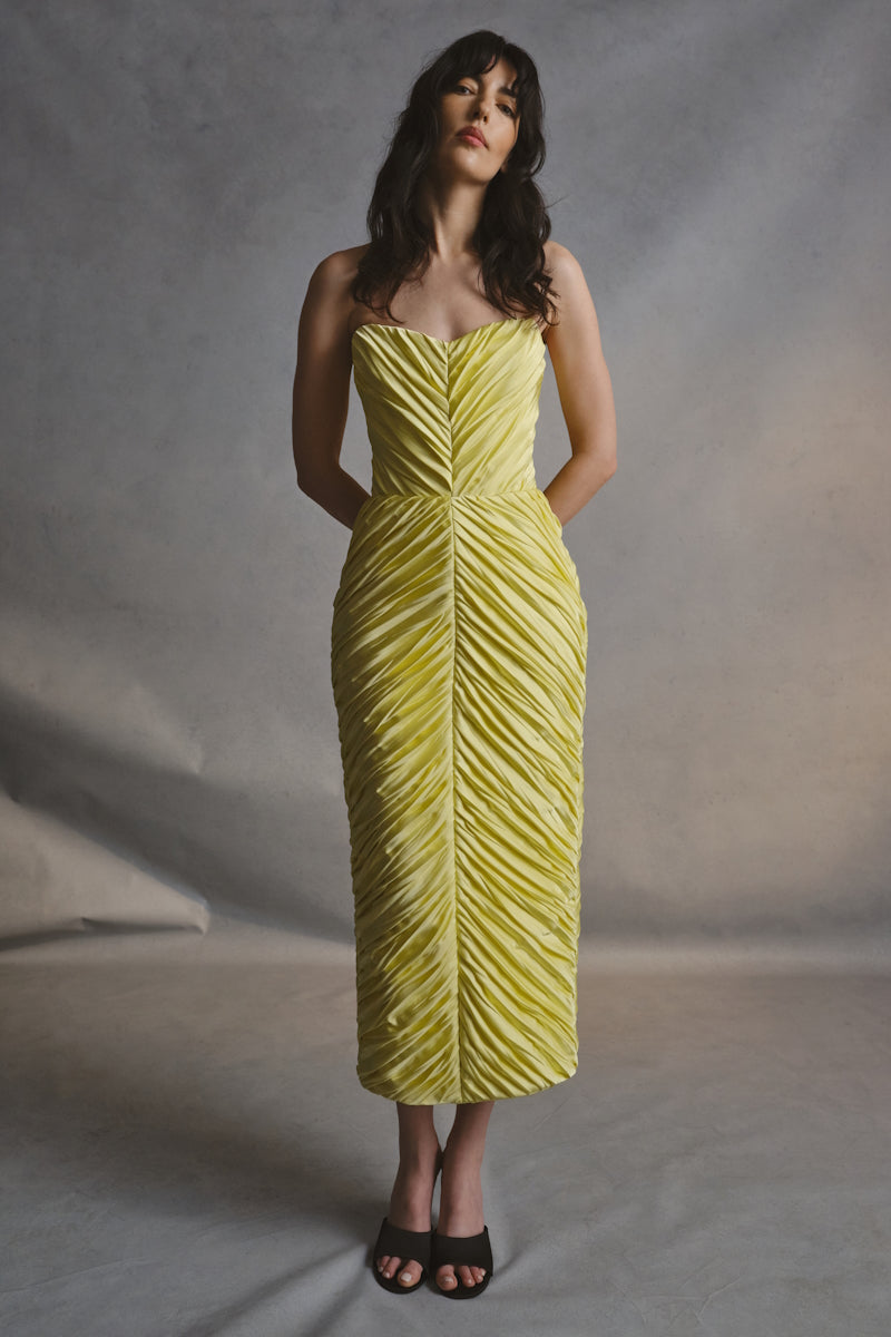 Monetre Cult Mia X Monetree Margot midi dress in soft fabric, featuring a stylish design and elegant silhouette.