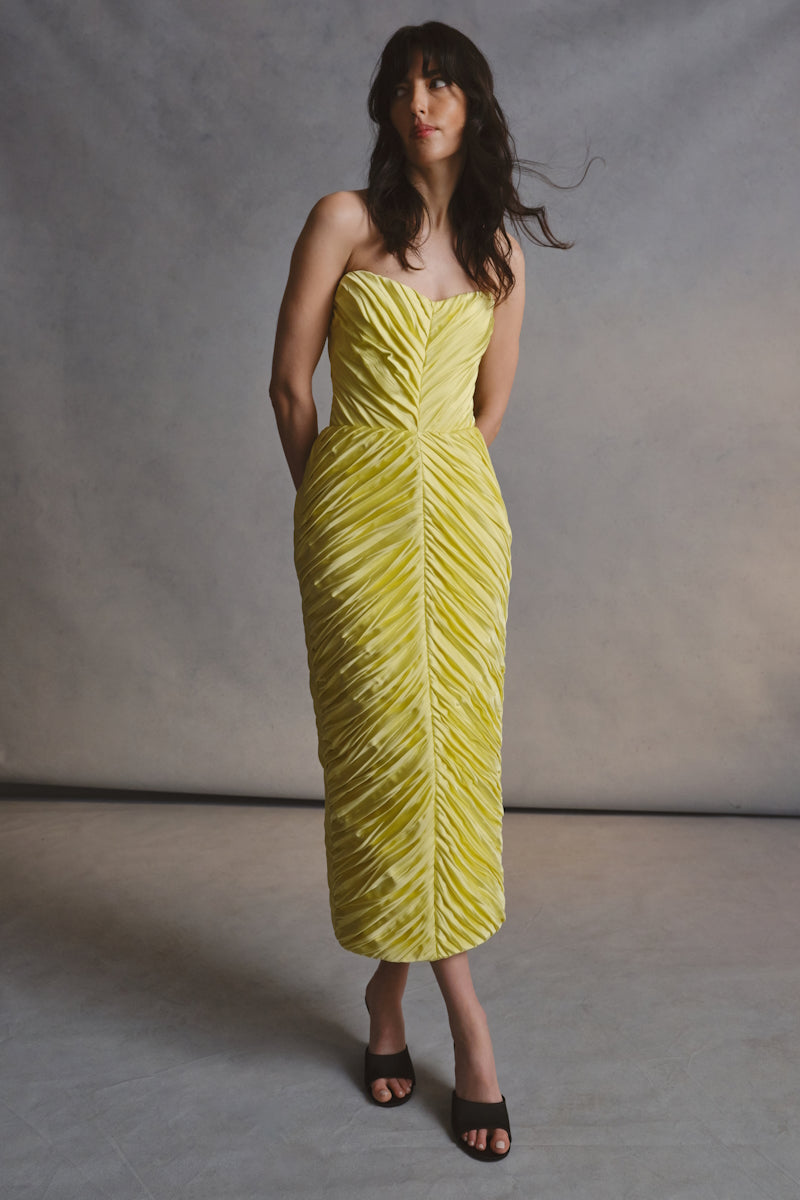 Monetre Cult Mia X Monetree Margot midi dress, stylish floral design, fitted bodice, and flowy skirt in vibrant fabric.