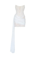 Gigii's Monique mini dress in stylish fabric, front view showing fitted bodice and flared skirt for a chic look.