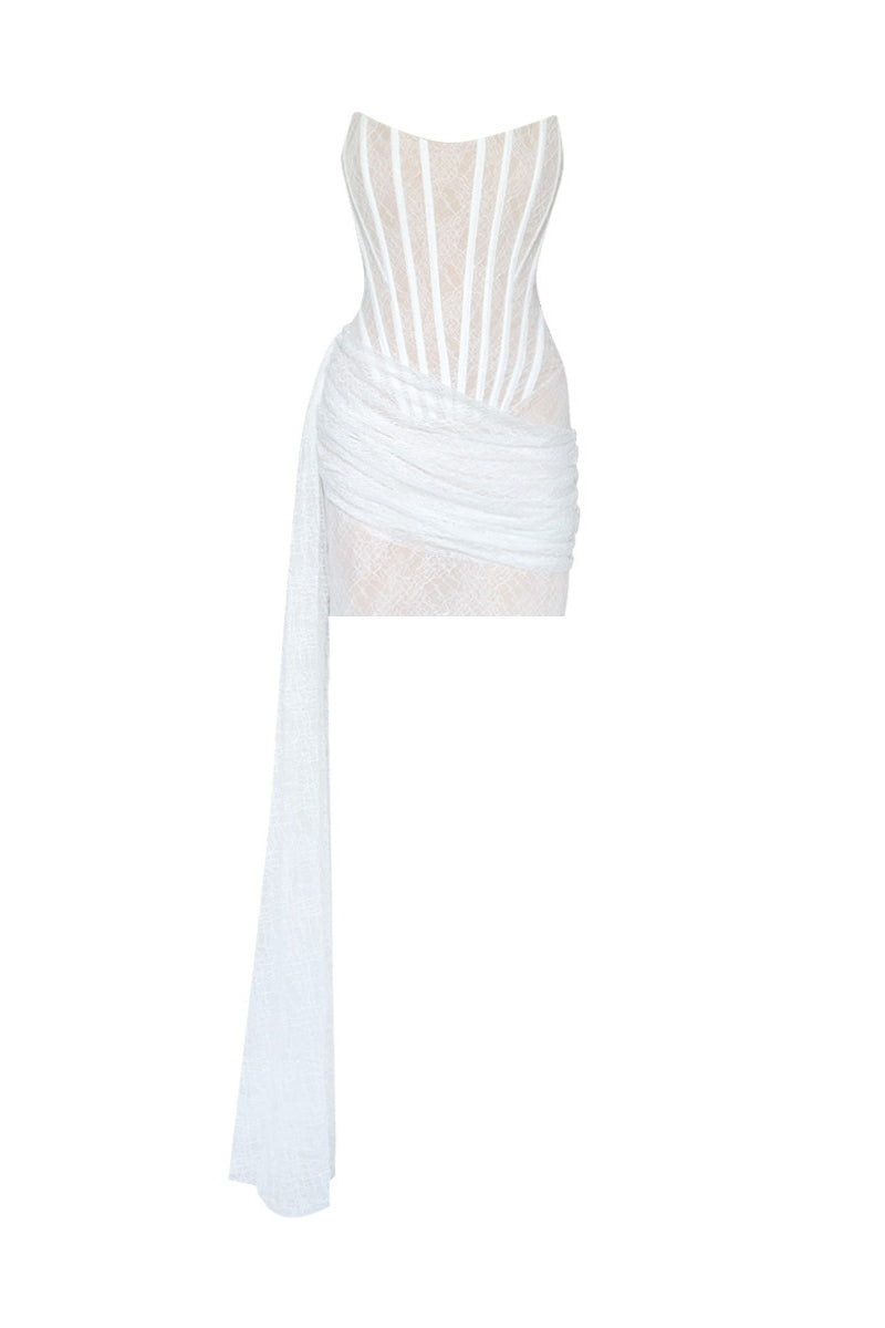 Gigii's Monique mini dress in stylish fabric, front view showing fitted bodice and flared skirt for a chic look.
