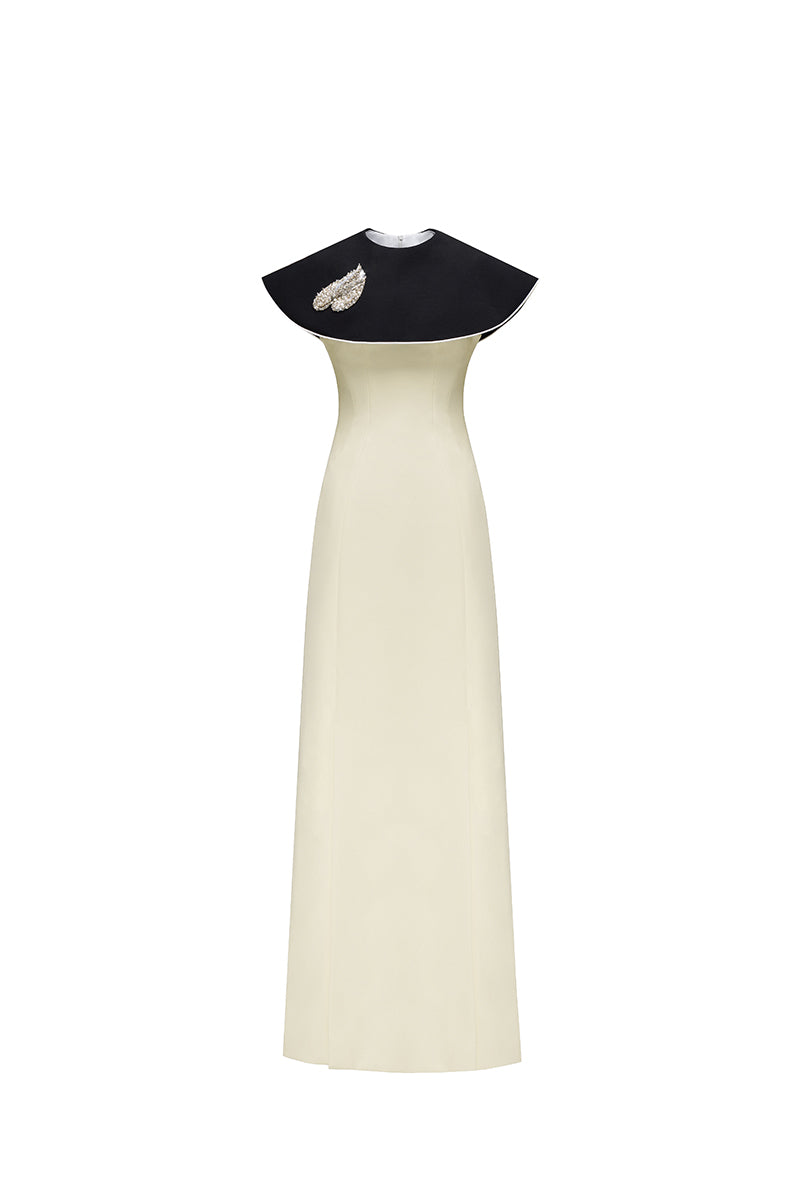 Black and ivory Montpellier gown by Jenny K Tran, featuring elegant fabric and a sophisticated design, perfect for formal occasions.