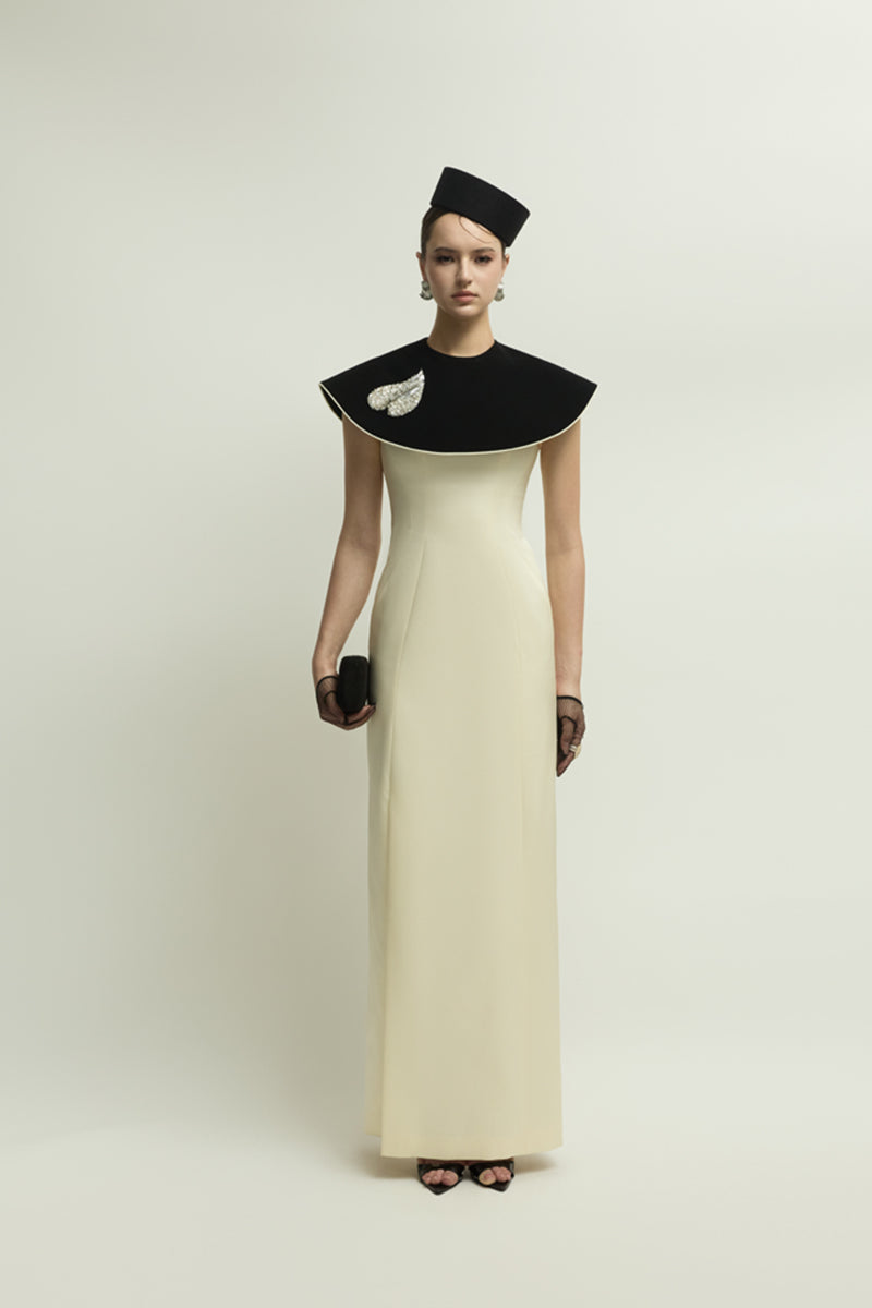 Elegant black and ivory Montpellier gown by Jenny K Tran with intricate detailing, perfect for formal occasions.