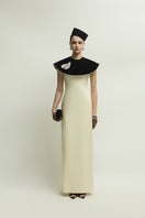Elegant black and ivory Montpellier gown by Jenny K Tran with intricate detailing, perfect for formal occasions.