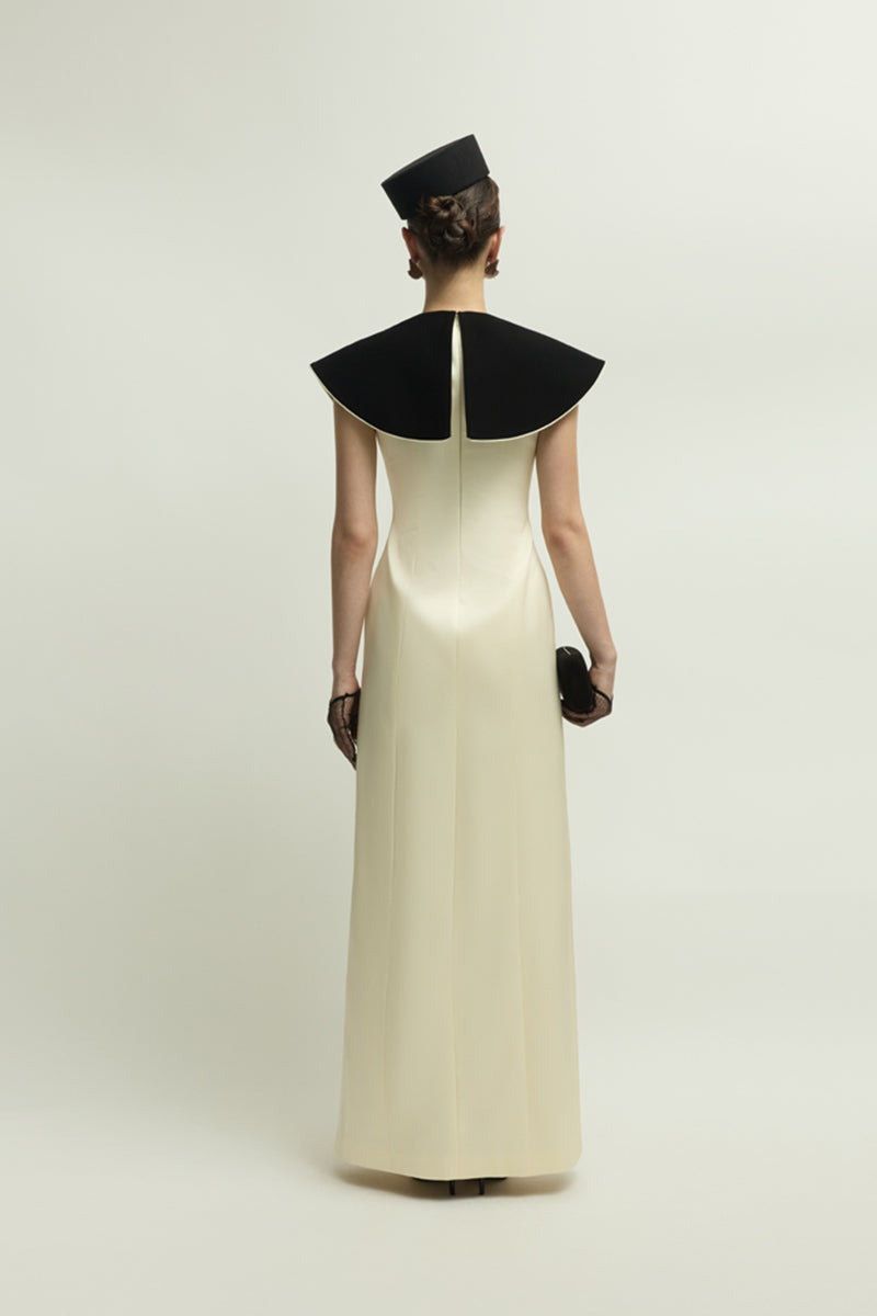 Black and ivory Montpellier gown by Jenny K Tran featuring elegant draping and a sophisticated silhouette.