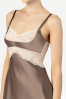 Silk chemise nightgown in mochaccino color by NK Imode featuring a delicate cradle bust design.