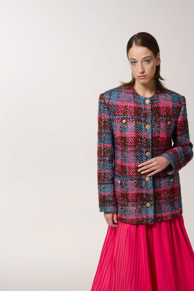 Pink and brown wool jacket by Lalo, stylish outerwear with a cozy, textured fabric and tailored fit.