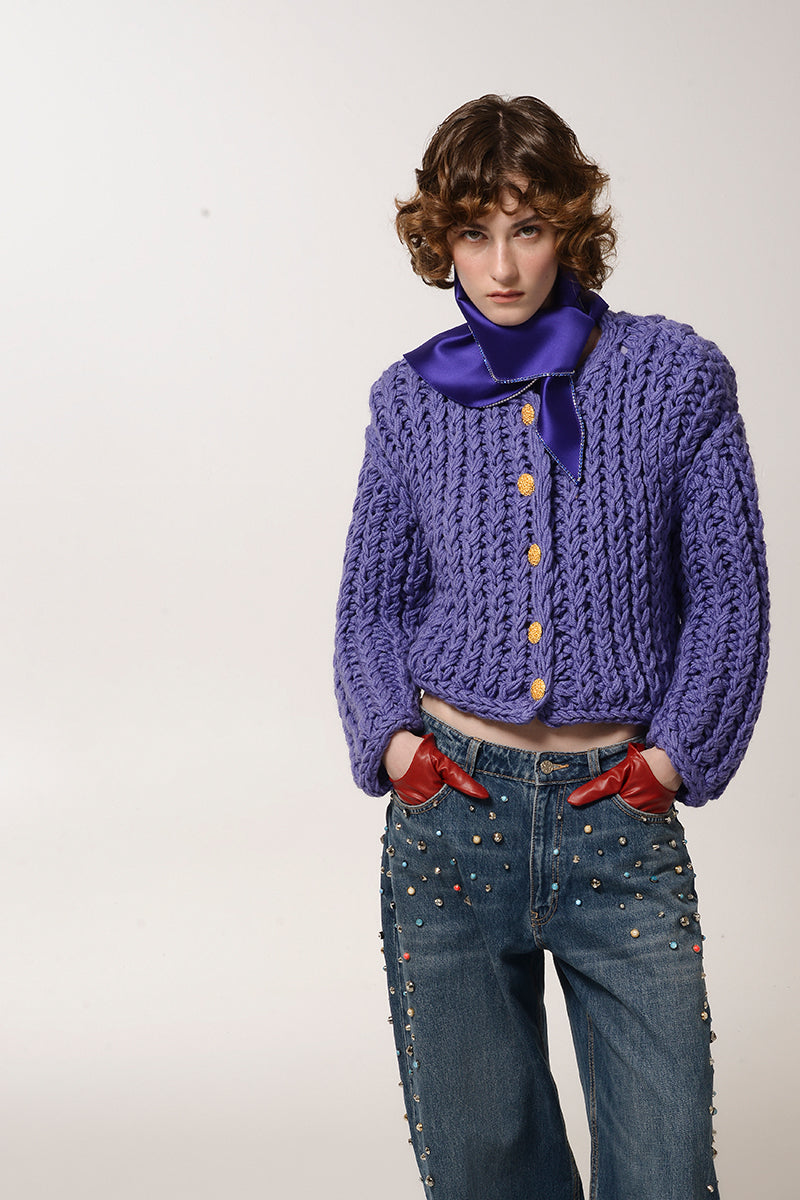 PURPLE CABLE KNIT WOOL CARDIGAN - CULT MIA