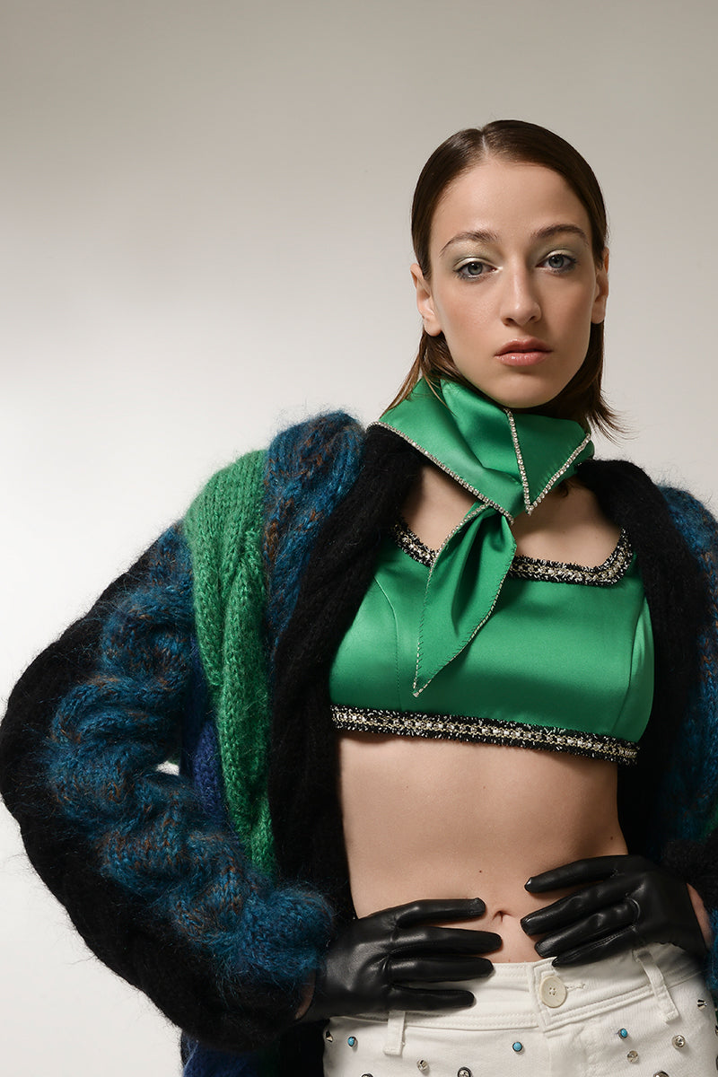 GREEN SILK CROP TOP - CULT MIA
