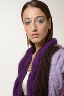 Lalo purple and brown mohair cardigan displayed on a hanger, showcasing soft knit fabric and stylish color combination.