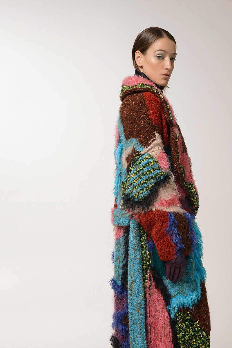 Pink landscape mohair coat by Lalo, showcasing a soft, textured fabric with a stylish, relaxed fit and vibrant color.