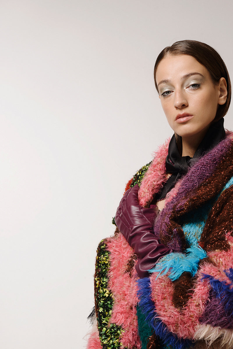 Lalo pink landscape mohair coat with a soft, textured fabric and stylish design, perfect for fashionable winter wear.