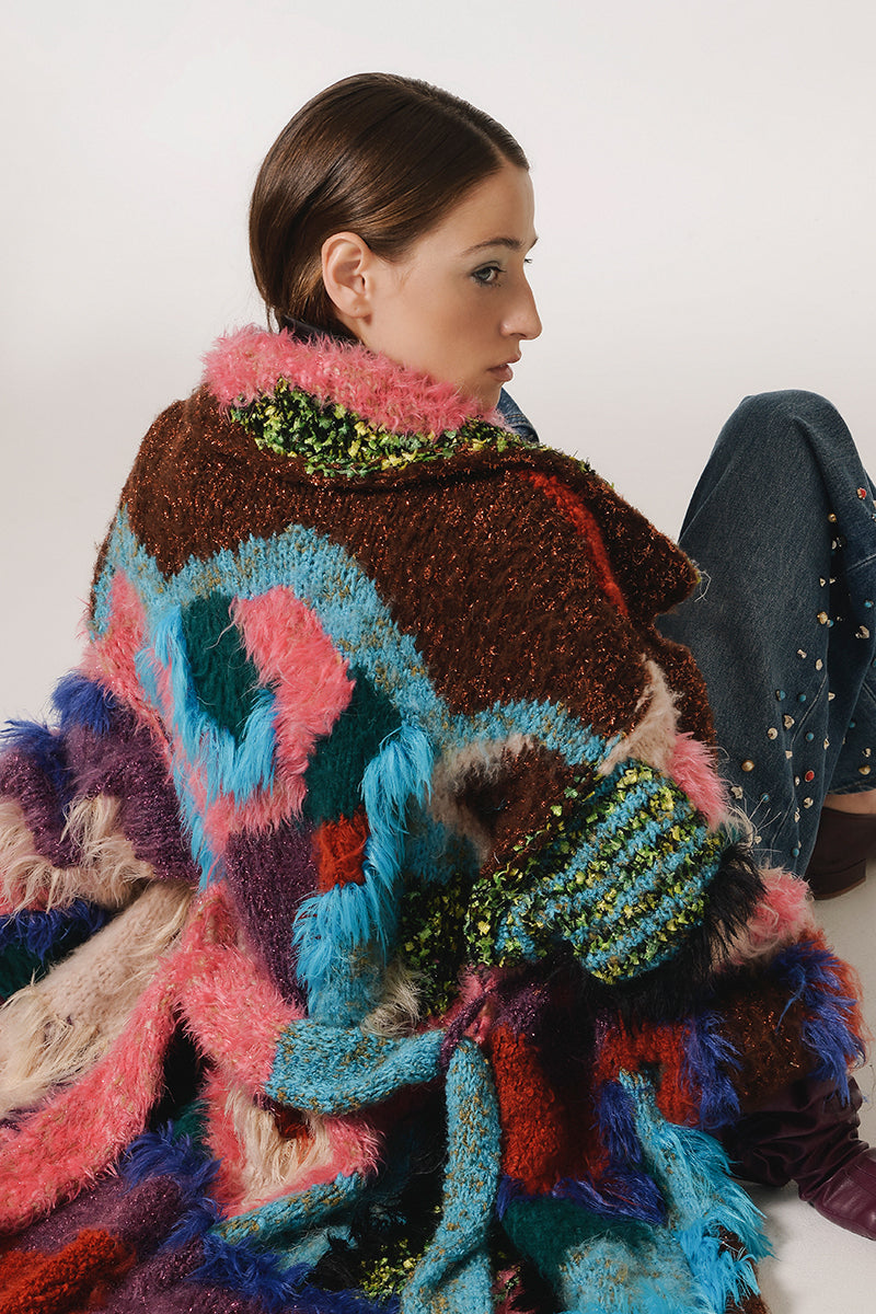 Lalo pink landscape mohair coat featuring a soft, cozy knit with a vibrant pink abstract landscape pattern.