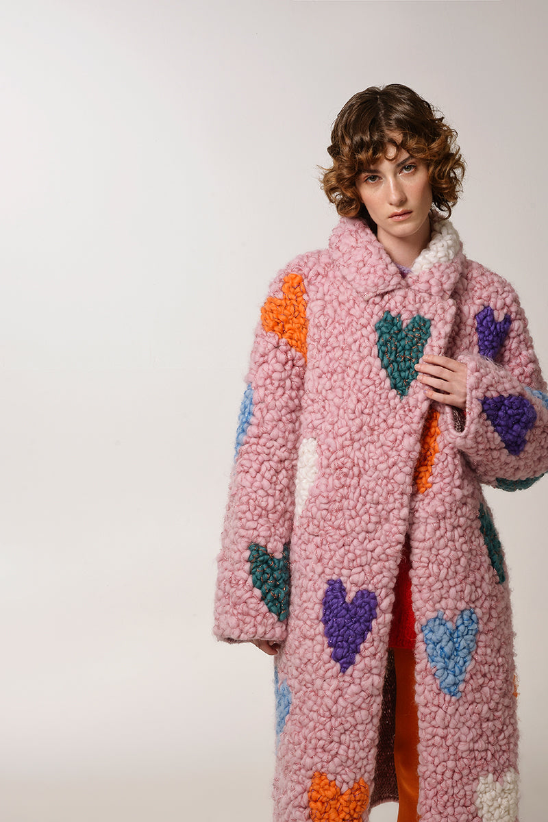 Lalo pink hearts wool coat with a tailored design, featuring a soft pink color and a stylish heart pattern on the fabric.