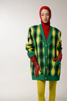 Lalo green and yellow checked wool cardigan with button closure, stylish and cozy for cold weather.