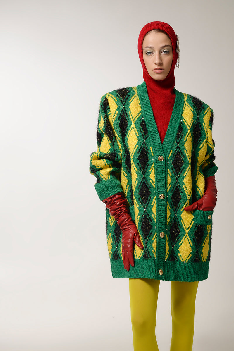 Lalo green and yellow checked wool cardigan with button closure, stylish and cozy for cold weather.