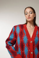 Lalo red and blue checked wool cardigan with button closure, cozy and stylish for casual wear